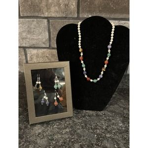 Faux Pearl & Cat’s Eye Silvertone Necklace w/4 Pair Match French Wire Earrings